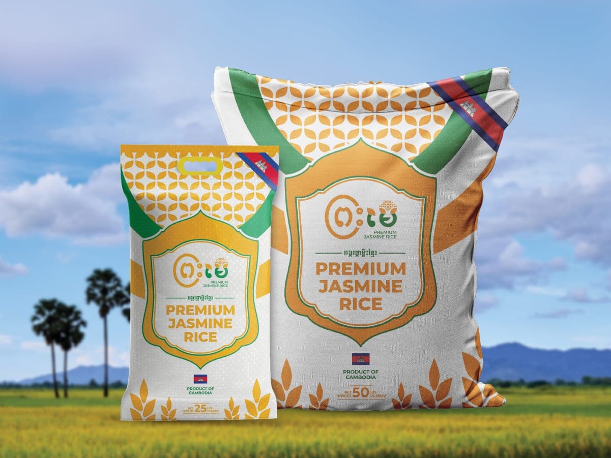 Premium Jasmine Rice bags in a Cambodian rice field